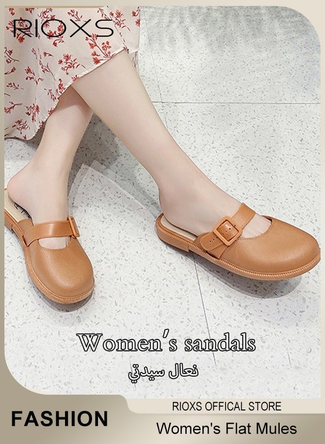 RIOXS Women's Flat Mules Half Drag Shoes For Women Girls Closed Toe Sandals Ladies Female Fashion Comfortable Slippers Backless Mule Shoes Slip-On Flats With Buckle - Image 1
