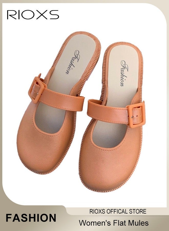 RIOXS Women's Flat Mules Half Drag Shoes For Women Girls Closed Toe Sandals Ladies Female Fashion Comfortable Slippers Backless Mule Shoes Slip-On Flats With Buckle - Image 2