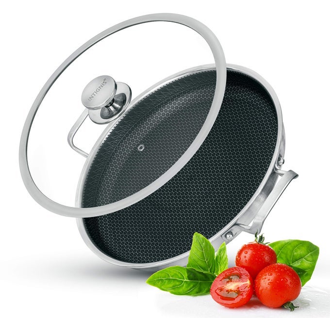 PAELLA PAN OR FRYING PAN WITH OVENSAFE LID SAUTING ROASTING BROILING 32CM ALUMINIUM STAINLESS STEEL SKILLET GERMAN GREBLON NONSTICK SHIELD TECHNOLOGY