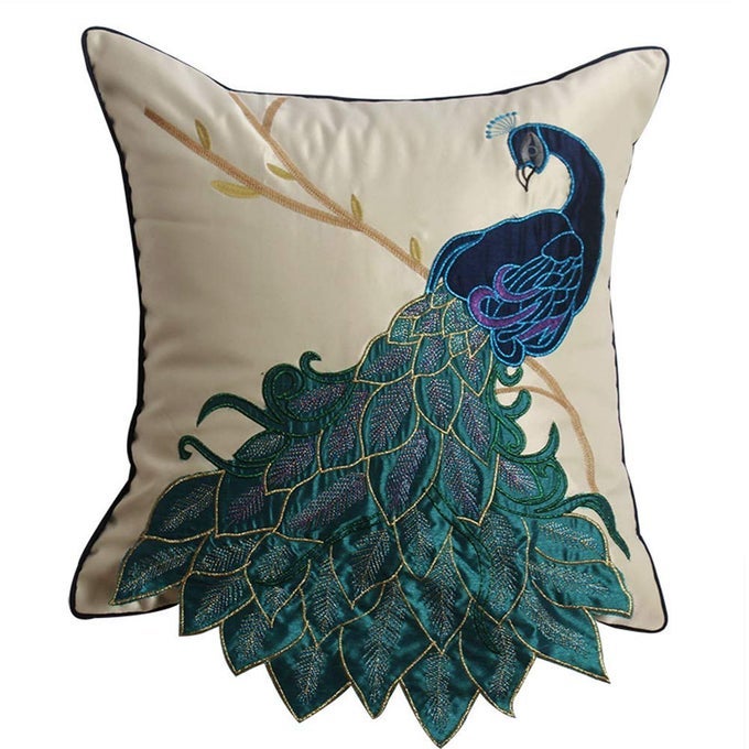 EMBROIDERED PEACOCK DECORATIVE THROW PILLOW CASE SILKY SATIN CUSHION COVER PEACOCK 2 18X18