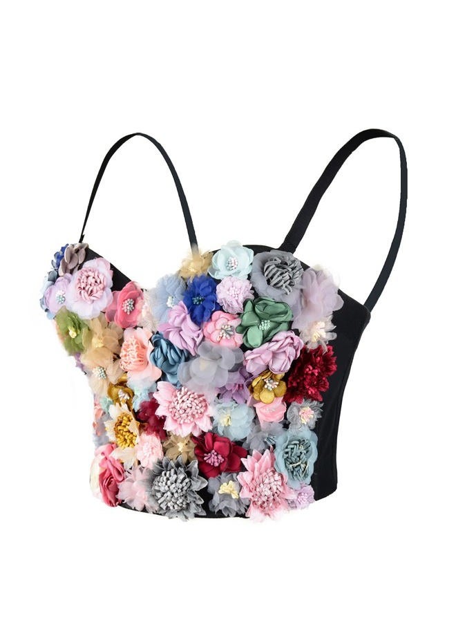 ELLACCI Women's 3D Floral Bustier Crop Top Wedding Party Club Bra Tops Medium Black - Image 1