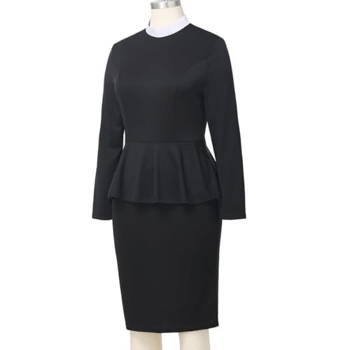 CAMDOM Womens Church Clergy Dress Spring/Autumn Long Sleeve Ruffle Slim Pencil Dress with Banded Full Collar Black - Image 2