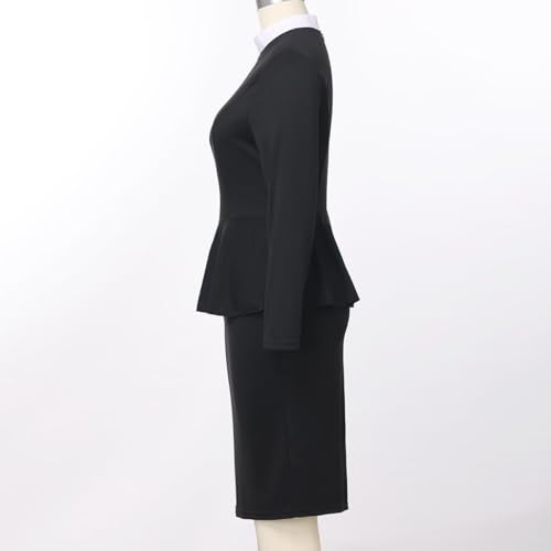 CAMDOM Womens Church Clergy Dress Spring/Autumn Long Sleeve Ruffle Slim Pencil Dress with Banded Full Collar Black - Image 3