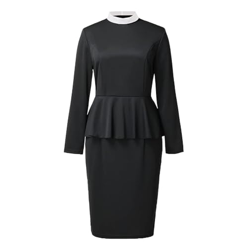 CAMDOM Womens Church Clergy Dress Spring/Autumn Long Sleeve Ruffle Slim Pencil Dress with Banded Full Collar Black - Image 1