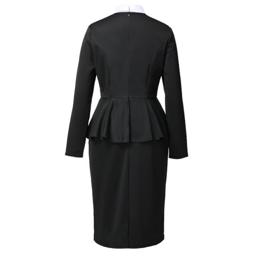 CAMDOM Womens Church Clergy Dress Spring/Autumn Long Sleeve Ruffle Slim Pencil Dress with Banded Full Collar Black - Image 4