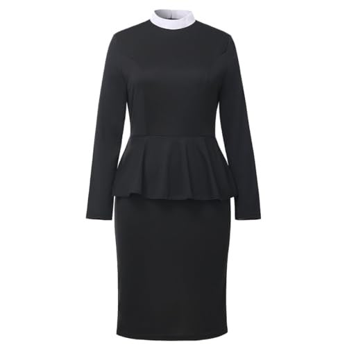 CAMDOM Womens Church Clergy Dress Spring/Autumn Long Sleeve Ruffle Slim Pencil Dress with Banded Full Collar Black - Image 5