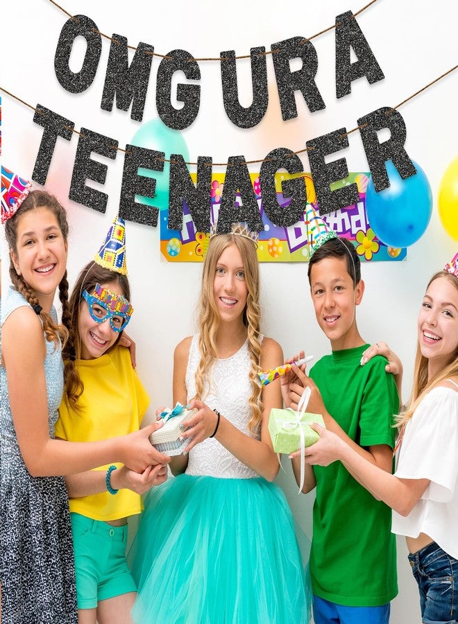 FQDGTFA Teenager 13th Birthday Banner OMG UR A TEENAGER Pre-Strung Black Glitter Banner, Mean Party Decorations,13th Birthday Party Decorations - Image 4