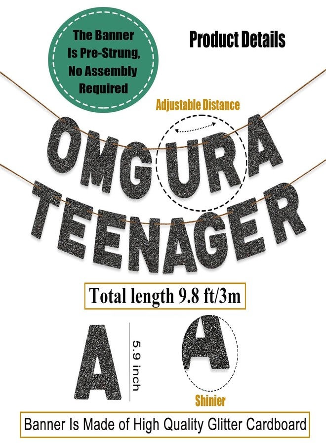 FQDGTFA Teenager 13th Birthday Banner OMG UR A TEENAGER Pre-Strung Black Glitter Banner, Mean Party Decorations,13th Birthday Party Decorations - Image 3