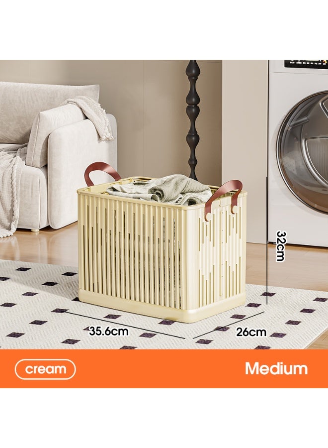 Noon East Medium Plastic Foldable Laundry Basket with Handle, Durable Ventilated Hamper for Bedroom Clothes, 35.6 x 26 x 32 cm, Cream - Image 2