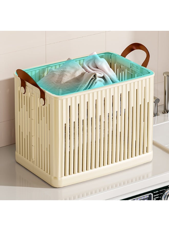 Noon East Medium Plastic Foldable Laundry Basket with Handle, Durable Ventilated Hamper for Bedroom Clothes, 35.6 x 26 x 32 cm, Cream - Image 4