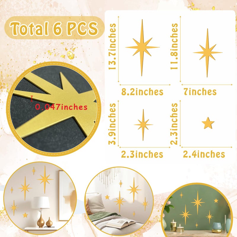 Easma 6 PCS Gold Star Wall Decor Iron Starburst Wall Decoration Retro Christmas Stars Art Signs Mid Century Modern Decor for Living Room Star Hangings Sculptures Golden Metal Art for Home Office Bedroom - Image 4