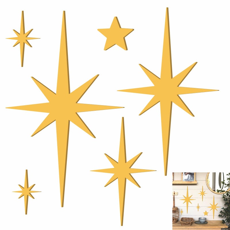 Easma 6 PCS Gold Star Wall Decor Iron Starburst Wall Decoration Retro Christmas Stars Art Signs Mid Century Modern Decor for Living Room Star Hangings Sculptures Golden Metal Art for Home Office Bedroom - Image 1