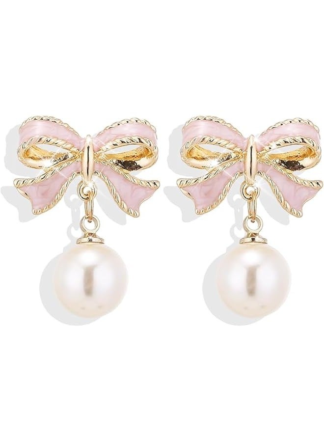 Pearl Bow Earrings for Women 14k Gold/Silver Plated Pearl Bowknot Drop Dangle Earrings Dainty Pearl Stud Statement trendy Earring for Women Jewelry Gifts  - Image 1