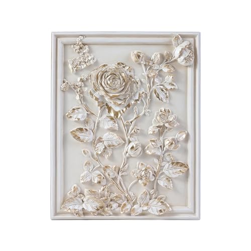 Kangce Vintage Wall Sculptures,Vintage Wall Decor,Antique Art Decor with Hand-Carved Rose Pattern,Ornate Victorian Home Decor,for Living Room, Bedroom,Hallway Gallery,Rectangular,Off-White and Gold - Image 1