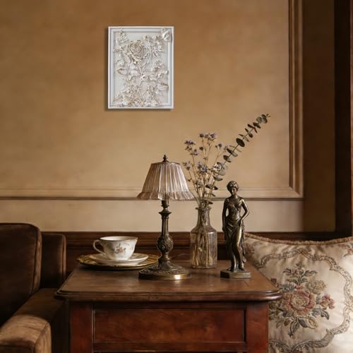 Kangce Vintage Wall Sculptures,Vintage Wall Decor,Antique Art Decor with Hand-Carved Rose Pattern,Ornate Victorian Home Decor,for Living Room, Bedroom,Hallway Gallery,Rectangular,Off-White and Gold - Image 5