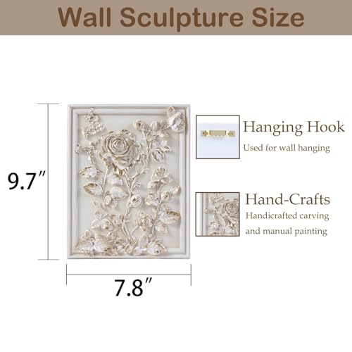 Kangce Vintage Wall Sculptures,Vintage Wall Decor,Antique Art Decor with Hand-Carved Rose Pattern,Ornate Victorian Home Decor,for Living Room, Bedroom,Hallway Gallery,Rectangular,Off-White and Gold - Image 2