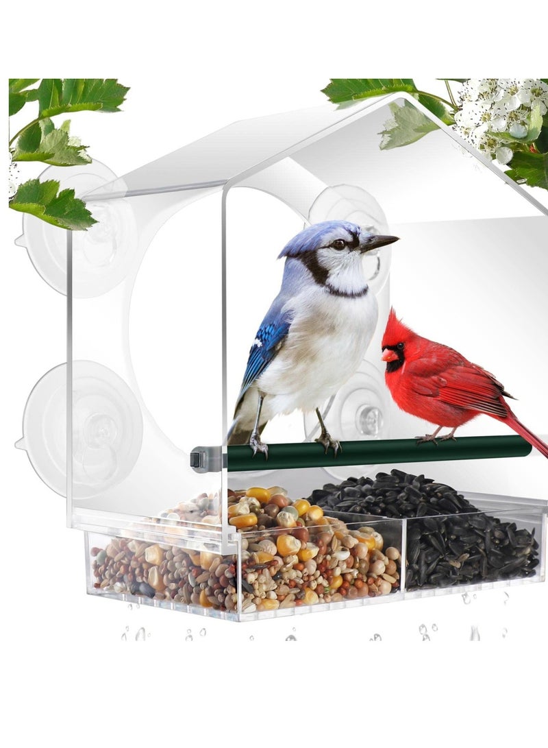 KASTWAVE مد feeder للطيور للنوافذ الخارجية، شكل السقف شفاف أكريليك معلّق مع 4 أكواب شفط قوية إضافية وصينية بذور، لتزيين منزلك مع الطيور البرية الجميلة - Image 1