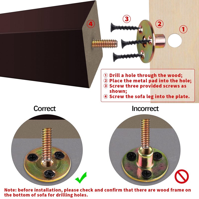 Turstin Set Of 8 Furniture Legs 4 Inch Square Solid Wood Couch Legs Replacement Sofa Legs Mid Century Furniture Feet For Armchair Bed Dresser Cabinet Include Installation Hardware Brown - Image 3