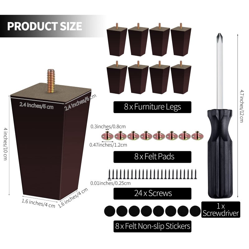 Turstin Set Of 8 Furniture Legs 4 Inch Square Solid Wood Couch Legs Replacement Sofa Legs Mid Century Furniture Feet For Armchair Bed Dresser Cabinet Include Installation Hardware Brown - Image 2