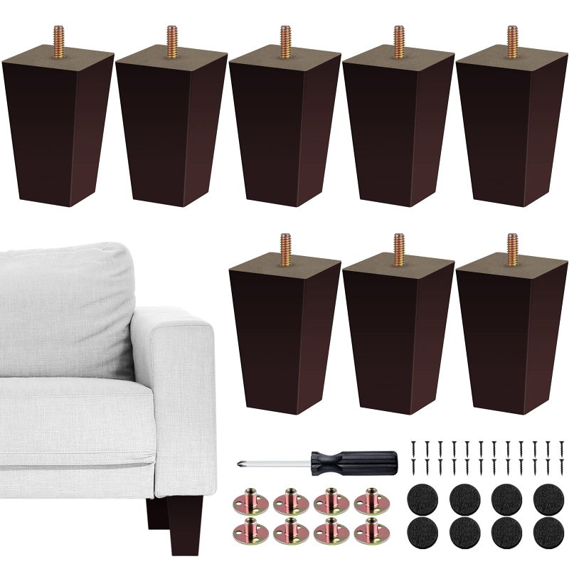 Turstin Set Of 8 Furniture Legs 4 Inch Square Solid Wood Couch Legs Replacement Sofa Legs Mid Century Furniture Feet For Armchair Bed Dresser Cabinet Include Installation Hardware Brown - Image 1