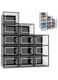 Generic 12PCS Shoe Box Black Folding Shoe Cabinet Shoe Box Storage Transparent Stackable Shoe Storage Boxes Dust-proof Shoe Storage Box for Display Sneakers Easy Assembly (33 * 23 * 14cm)  - Image 1