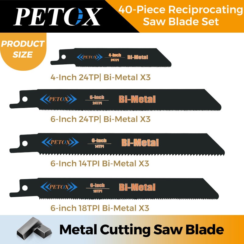 PETOX 40-Piece Reciprocating Saw Blades Set, Metal Wood Plastic cutting Saw Blades with Organizer Pouch, fit DeWalt Bosch Makita Milwaukee Porter-Cable Ryobi Ridgid Black&Decker Skil Craftsman Sawsall - Image 3