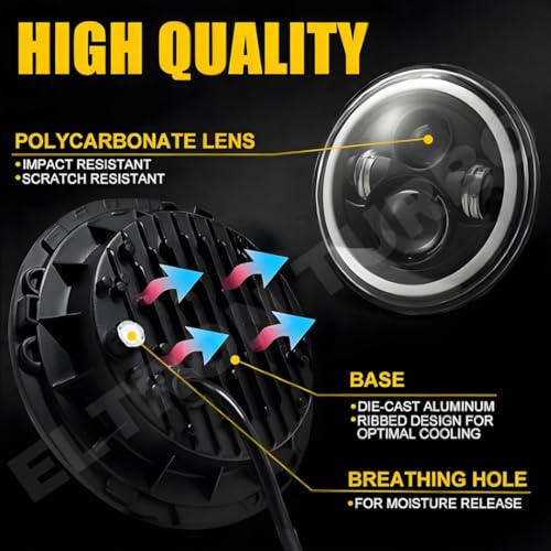 ELTRON TURBO Full Ring Imported DC Power DRL 7 Inchs Warranty Headlight Front LED Headlight Bulb White and Yellow, Angel Eye Lamp Compatible for all Bullet & Thar Models, Hi/Low Beam Amber (Pack Of 1) - Image 5