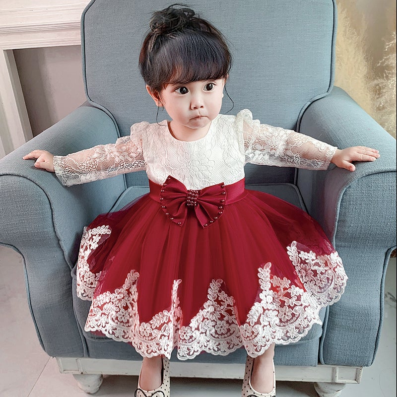 2024 European and American New Baby Long Sleeve Bow Poncho Yarn Baby One-year-old Childrens Dress Baby and toddler Princess Dress L1940XZ-Bordeaux