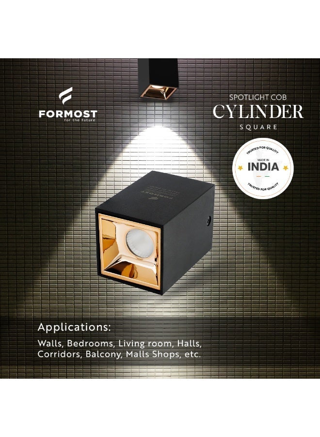 فورموست Formost 20W COB LED Cylinder Square Wall Light | Surface Mounted Modern Spotlight | High Brightness Indoor Wall Lamp | Energy Saving | Black & Gold Finish | Made in India - Image 3