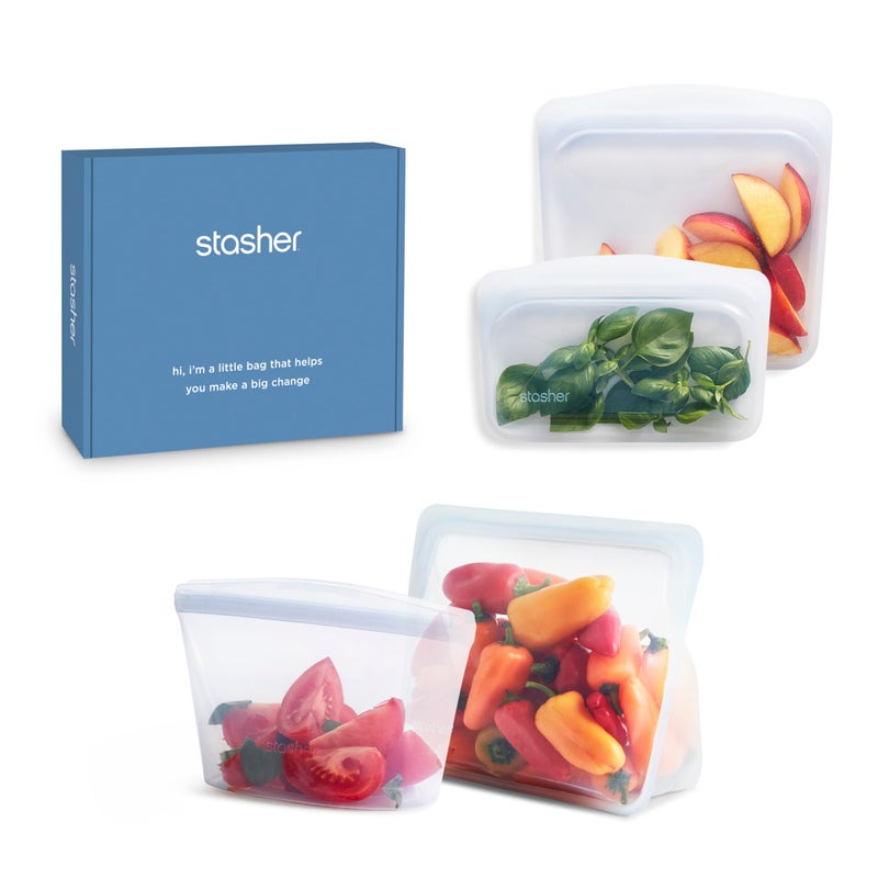Stasher Silicone Reusable Storage Bags, 4-Pack Starter Kit, Reusable Freezer Bags, Microwave, Dishwasher, Oven Safe, Sous Vide, Premium Lunch Containers, Eco Friendly, Food Storage Bags, Clear - Image 1