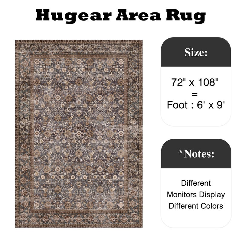 HUGEAR 6x9 Machine Washable Rugs Tradition Brown Hallway Large Area Rug Indoor Accent Rug Floral Low Pile Carpet Soft Throw Aesthetic Rug Bedroom Living Room Office Dining Room Kitchen Laundry Room - Image 2