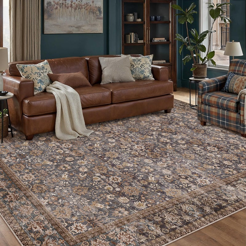 HUGEAR 6x9 Machine Washable Rugs Tradition Brown Hallway Large Area Rug Indoor Accent Rug Floral Low Pile Carpet Soft Throw Aesthetic Rug Bedroom Living Room Office Dining Room Kitchen Laundry Room - Image 1