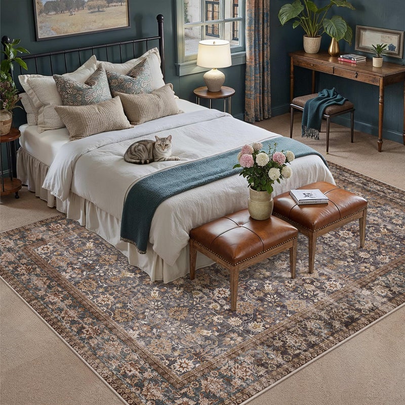 HUGEAR 6x9 Machine Washable Rugs Tradition Brown Hallway Large Area Rug Indoor Accent Rug Floral Low Pile Carpet Soft Throw Aesthetic Rug Bedroom Living Room Office Dining Room Kitchen Laundry Room - Image 3