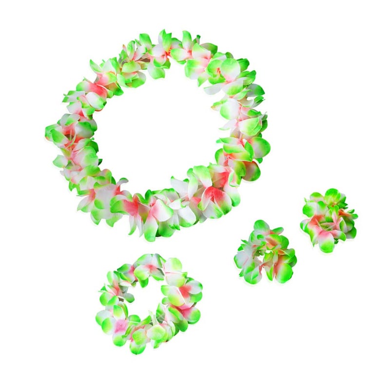 4Pcs/ Set Ruffled Simulated Silk Flower Hawaiian Necklace Bracelets Flower Wreath Headband Floral Garland Women Girls Headwear For Luau Party Supplies Favors (Upgrade Style Green) - Image 5