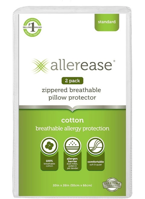 Aller-Ease 100% Breathable Cotton Pillow Protector for Sleeping, Standard 26" x 20" - 2 Pack