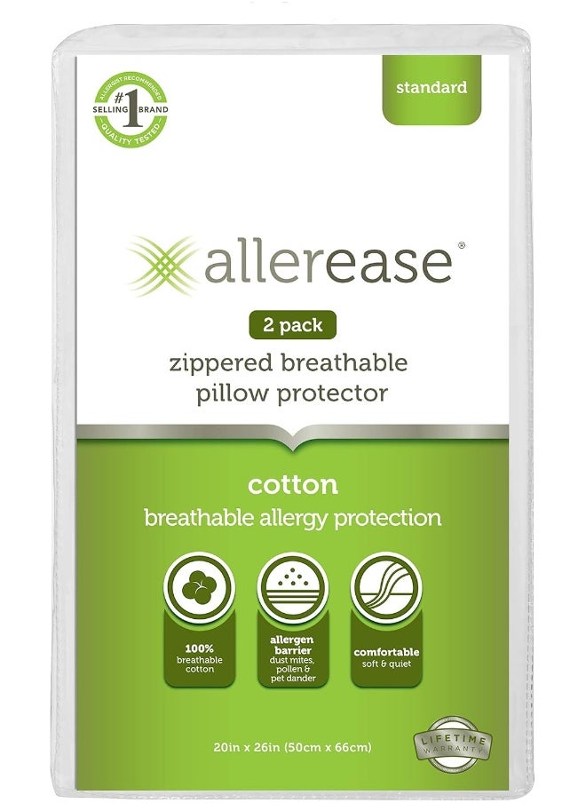 Aller-Ease - Aller-Ease 100% Breathable Cotton Pillow Protector for Sleeping, Standard 26" x 20" - 2 Pack - Image 1