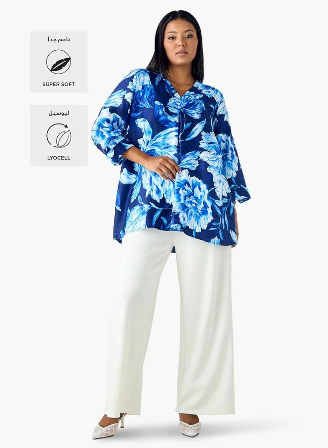 Ulla Popken Plus Size Ulla Popken Printed V-neck Top with 3/4 Sleeves