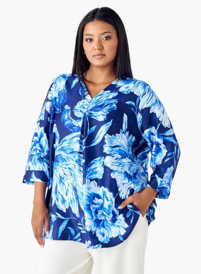 Ulla Popken Plus Size Ulla Popken Printed V-neck Top with 3/4 Sleeves