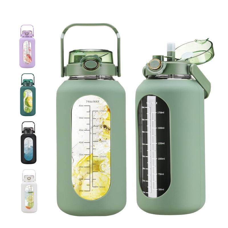 chunmo 74 oz Glass Water Bolttles with Straw Large Motivational Water Bottle with Time Marker Sports Water Bottles with Silicone Sleeve and Handle Lid 22L Water Jug for Gym Workout