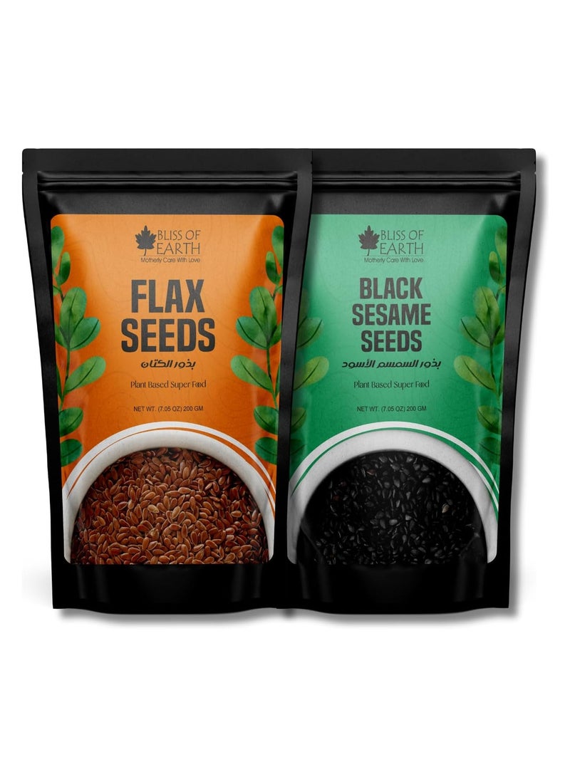 BLISS OF EARTH Raw Flax & Black Sesame Seeds Combo for Weight Loss, Plant-Based Seeds for Eating, Smoothies & Baking, High Protein Superfood Black Sesame & Flax Seed Fiber & Omega-3 Rich – 200g Each - Image 1