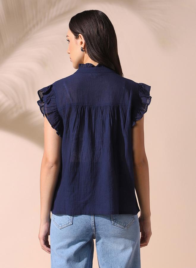 Dennis Lingo Women's Navy Blazer 100% Cotton Solid Pattern Regular Fit Tops  - Image 3