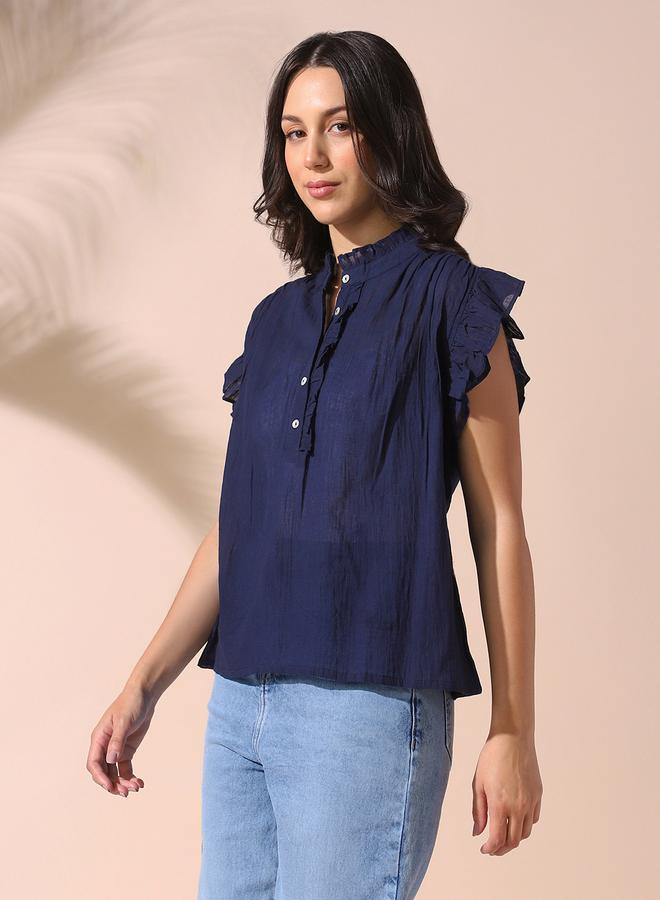Dennis Lingo Women's Navy Blazer 100% Cotton Solid Pattern Regular Fit Tops  - Image 5