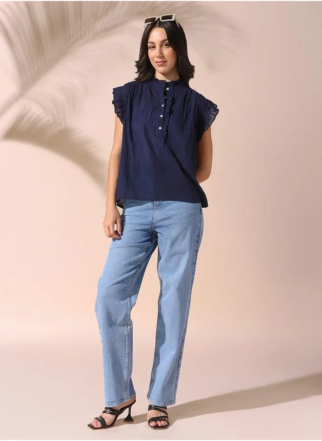 دينيس لينغو Women navy blazer regular fit solid sleeveless t-shirt 100% cotton top with button closure- a fresh take on timeless style.