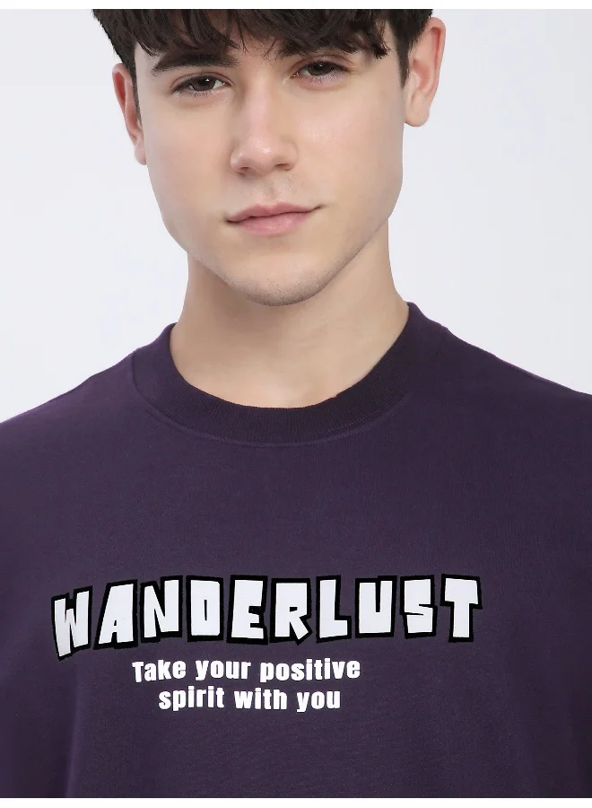 Beyoung Dark Violet Wanderlust Back Patch Oversized T-Shirt