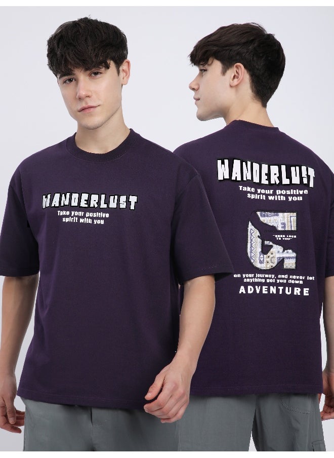 Beyoung Dark Violet Wanderlust Back Patch Oversized T-Shirt  - Image 5