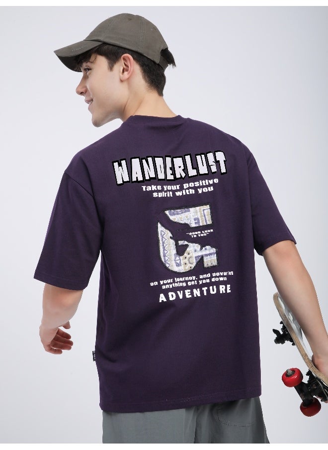 Beyoung Dark Violet Wanderlust Back Patch Oversized T-Shirt  - Image 3