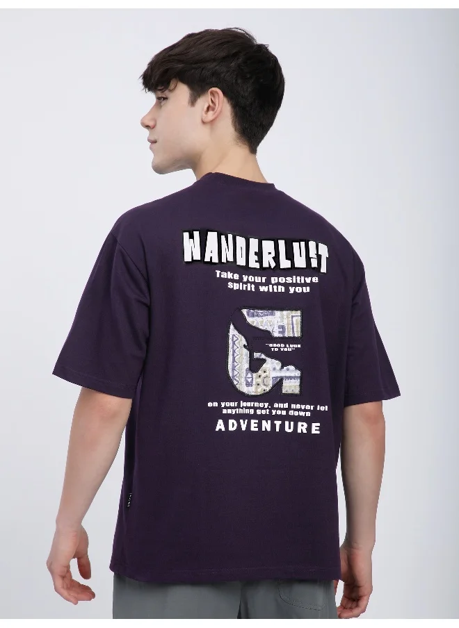 Beyoung Dark Violet Wanderlust Back Patch Oversized T-Shirt