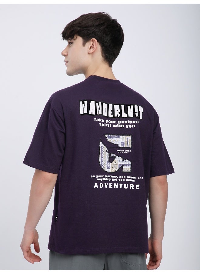 Beyoung Dark Violet Wanderlust Back Patch Oversized T-Shirt  - Image 2