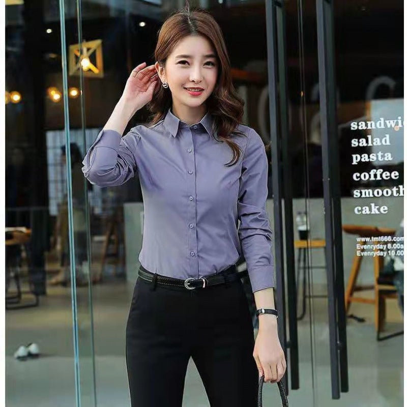 [13000 Collection] White Shirt Womens Long-sleeved Short-sleeved Slim-fit Spring, Summer and Autumn Foreign Style Womens Business Wear Lining Purple gray long sleeves