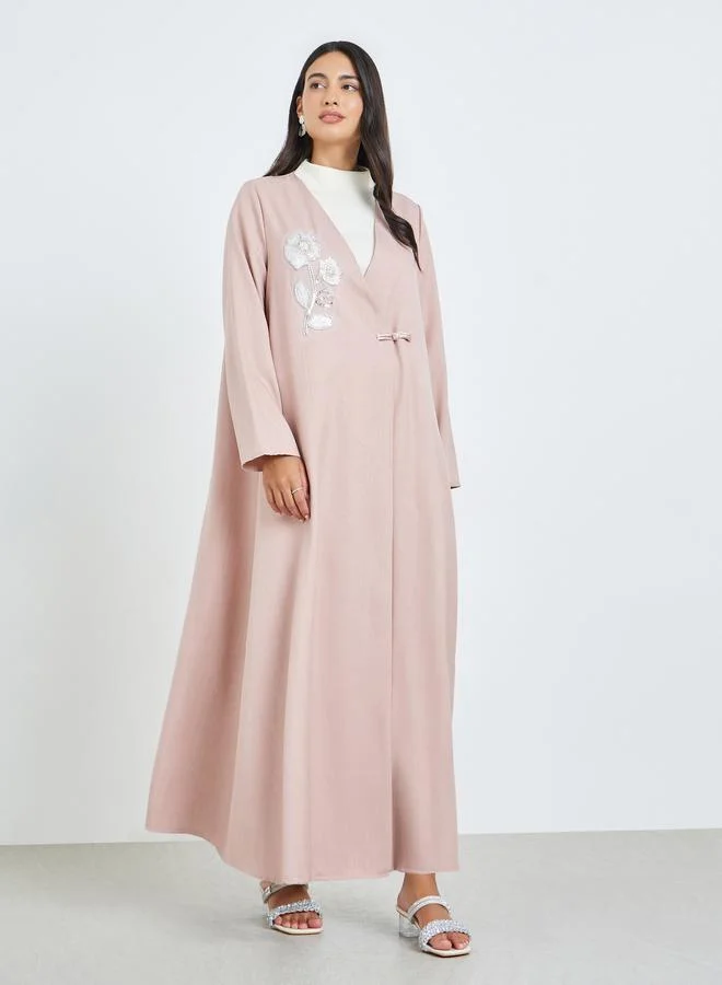 Amirah Pink Beaded Patch Abaya with Loop Button